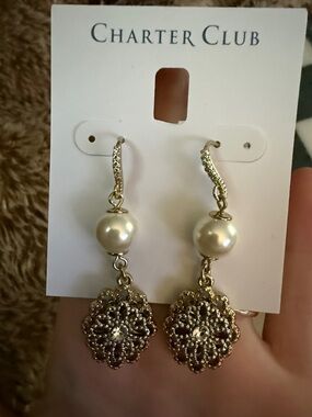 Charter Club Gold Filigree Drop Earrings with Pearl Accents